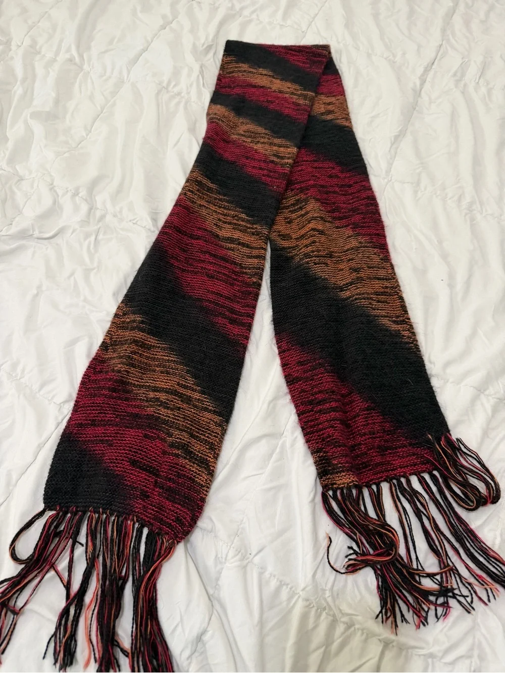 Striped Fringe Knit Scarf in Black, Red & Brown